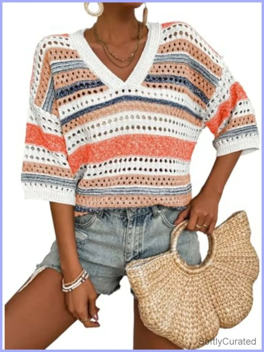 Boho Striped Crochet Knit Top V Neck 3/4 Sleeve Hollow Out Oversized Sweater